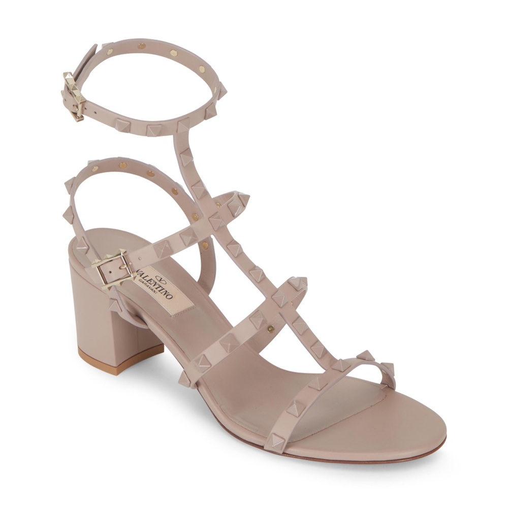 Valentino Garavani Poudre Rockstud Calfskin Ankle Strap Sandals 38